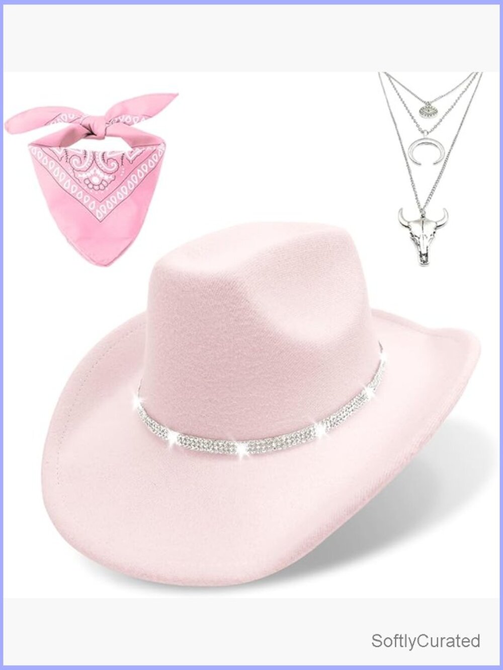 Wide Brim Cowboy Hat with Rhinestones Bandana Necklace Set